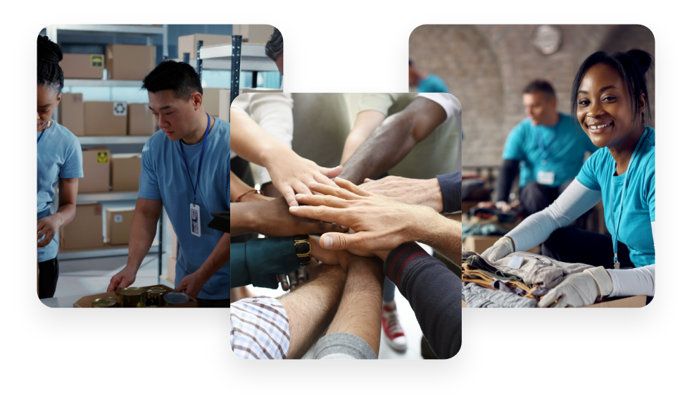 Collage of volunteers organizing donations in Nashville, hands stacked for teamwork, and sorting clothes.