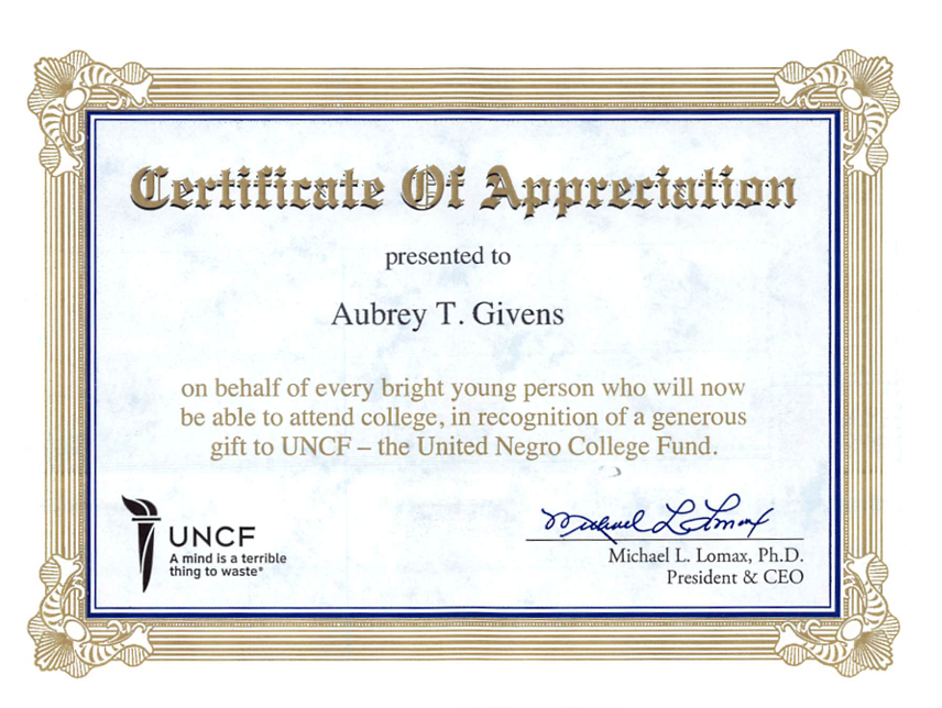 certificate of appreciation uncf